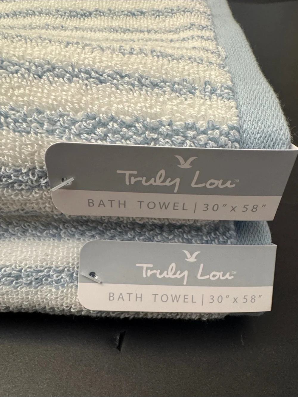 2pc TRULY LOU 100% Cotton Stripe Bath Towel Set -Soft -Absorbent - Wht/Blue